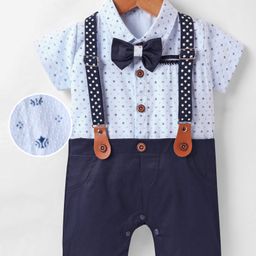Mark & Mia Cotton Woven Half Sleeves Party Romper with Bow & Suspender with Abstract Design -Blue-picture-8