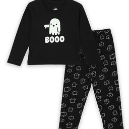 The Mom Store Cotton Knit Full Sleeves Booo Text Printed Nightsuit Set - Black-picture-5