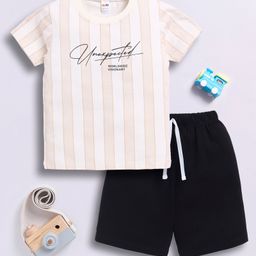 Little Ninja Cotton Half Sleeves Unexpected Text & Stripped Printed Tee & Shorts Set - Cream & Black-image-46