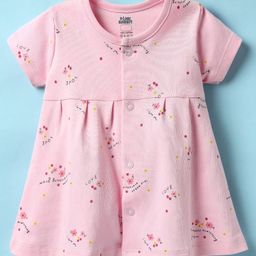 Pink Rabbit Interlock Knit Half Sleeves Frock With Animal Print - Pink-image-21