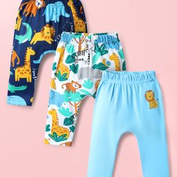 Babyhug Cotton Knit Full Length Diaper Pants With Animals Print Pack Of 3 - Navy Blue White & Light Blue-image-63