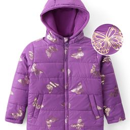 Pine Kids Woven Full Sleeves Hooded Padded Jacket With Foil Butterfly Print - Purple-image-6