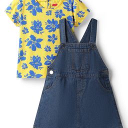 Babyhug Cotton Woven Half Sleeves Frock with Inner T-Shirt & Floral Print - Blue & Yellow-picture-10