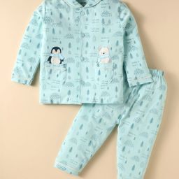 CUCUMBER Sinker Knit Full Sleeves Co-Ord Night Suit with Bear & Penguin Print - Light Sky-image-93
