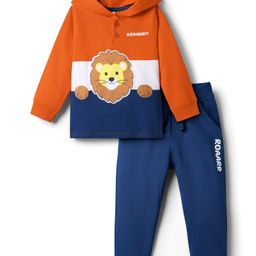 Babyhug Terry Knit Full Sleeves Hooded T-Shirt & Lounge Pant Set With Lion Patch - Orange & Navy Blue-image-88