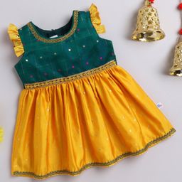 Many frocks & Blended Woven Frill Sleeves Checked Foil Printed & Gota Lace Embellished Ethnic Dress - Yellow & Green-image-44