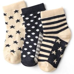 Cute Walk by Babyhug Knit Ankle Length Anti-Bacterial Socks with Polka Dot Stripe & Star Design Pack of 3 - Beige & Black-image-1