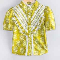Hugsntugs Cotton Woven Half Puffed Sleeves Floral Printed Lace Detailed Shirt Style Top - Green-image-92