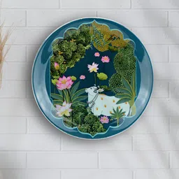 Maison Modern Blue & Green Pichwai Cow Printed Iron Round Wall Plate-image-86
