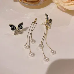Celestique Cubic Zirconia Studded & Pearls Beaded Animal Shaped Korean Drop Earrings-11