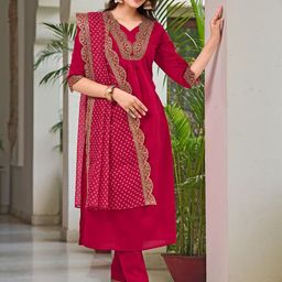 KALINI Floral Yoke Design Sequinned Chanderi Cotton Straight Kurta With Trouser & Dupatta-image-27