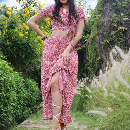 Sera Fuchsia Floral Print Wrap Top With Skirt-picture-7