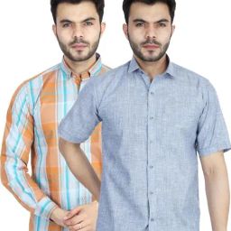 TAHVO Blue & Orange Cotton Slim Fit Shirt Pack of 2-image-50