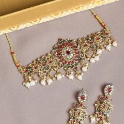 Oomph Red & Green Stones Ethnic Temple Necklace & Earring Set-image-16