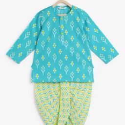Campana Kids Turquoise & Lime Green Printed Full Sleeves Kurta with Dhoti-image-71