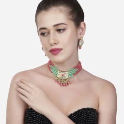 Zaveri Pearls Peach & Green Multistrand Beaded Choker Necklace & Earring Set-ZPFK13731 image 5