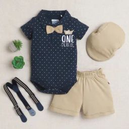 Bumzee Boys Navy & Beige Half Sleeves Bodysuit & Short Set With Bow Suspender & Cap-image-22