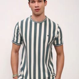 Showoff Sea Green & White Cotton Slim Fit Striped T-Shirt-image-6
