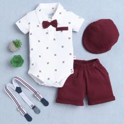 Bumzee Boys White & Maroon Half Sleeves Bodysuit & Short Set With Bow Suspender & Cap-image-61