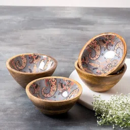 Nestroots Grey Bowl Set of 4 Salad Snacks Mixing Bowls Printed Mango Wooden Desert Bowl for Serving image 1
