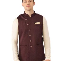 Manyavar Wine Self Design Ethnic Waistcoat-image-0