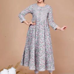Miravan Light Blue Floral Print Fit & Flare Kurta-picture-4
