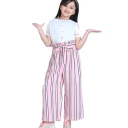 StyleStone Kids White & Pink Striped Jumpsuit with Belt-image-33