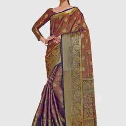 Mimosa Navy & Rust Silk Woven Saree With Unstitched Blouse-image-89