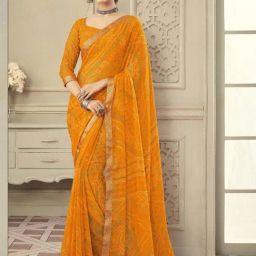 Satrani Turmeric Yellow Bandhani Print Chiffon Saree With Unstitched Blouse-image-48