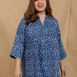 The Indian Ethnic Co Indigo Loose Dabu Handblock Printed Cotton Short Top-picture-30