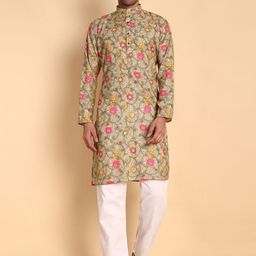 Vardha Floral Printed Mandarin Collar Cotton Straight Kurta-image-74