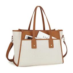 LA ELLORE Tan & Off White Color Block Medium Tote Bag-11