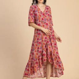 Moomaya Pink Floral Print High-low Dress-image-72