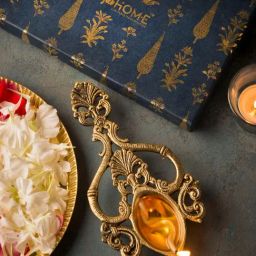 Fabindia Gold Mehnoor Metal Puja Diya Gift Set-image-62