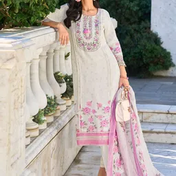 Indo Era Women Floral Embroidered Regular Thread Work Linen Kurta with Trousers & With Dupatta-5