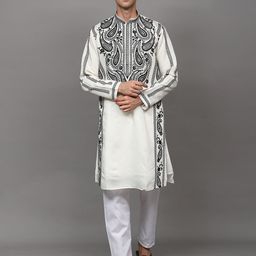 Exotic India Men Paisley Embroidered Regular Thread Work Kurta with Pyjamas-28