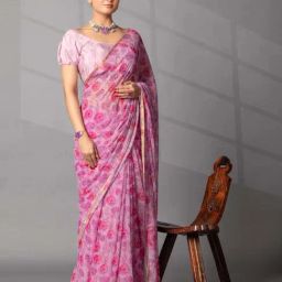 Zari Jaipur Pink Printed Saree With Unstitched Blouse-image-36
