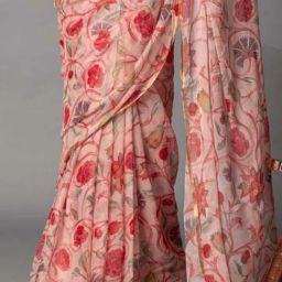Zari Jaipur Peach Printed Saree With Unstitched Blouse image 3