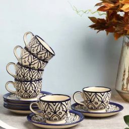 VarEesha Mehraab Off-White & Navy Ceramic Cup (0.12 L) with Saucer - Set of 6-image-39