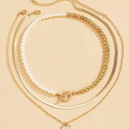 OOMPH Gold Tone Pearl & Coin Charm Multi Layer Multi-Strand Fashion Necklaces for Women - Set of 3-3