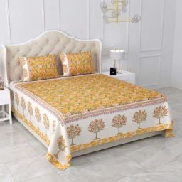 Aapno Rajasthan Symphony Yellow & Green Cotton 140 GSM Double Bedsheet With 2 Pillow Cover-image-12