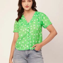 Moomaya Green & White Rayon Printed Shirt-image-40