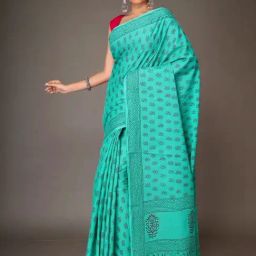Unnati Silks Turquoise Cotton Printed Saree With Unstitched Blouse-picture-29