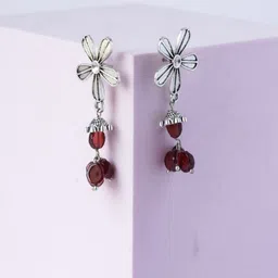 Shrim jewels Brass-Plated Garnet Beaded Oxidised Floral Shaped Drop Earrings-picture-14