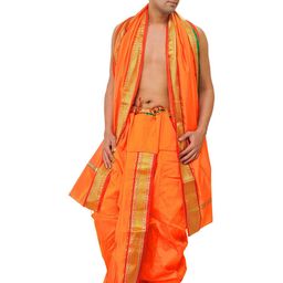 Exotic India Art Silk Ready to Wear Dhoti and Veshti Set with Woven Golden Border-image-95