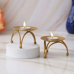 eCraftIndia Gold Iron Handcrafted Tea Light Candle Holder Stand - Set of 2-image-12