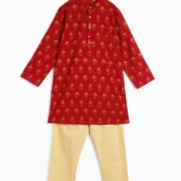 Campana Kids Maroon & Gold Floral Print Full Sleeves Kurta with Pants-image-52