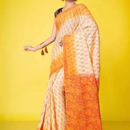 Unnati Silks Cream & Yellow Cotton Printed Saree With Unstitched Blouse-picture-1