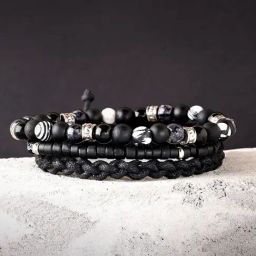The Bro Code Black Set of 3 Multipack Elasticated Semi Precious Beaded Bracelet For Men-18