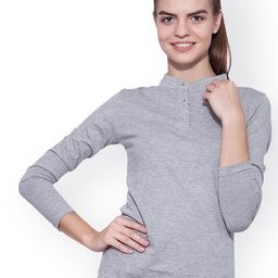 appulse Women Grey Solid Mandarin Collar T-shirt-28